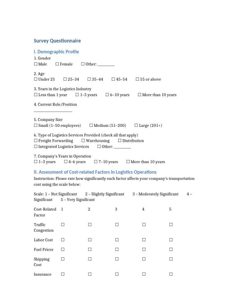 Transportation Cost Survey Questionnaire | PDF | Logistics | Warehouse