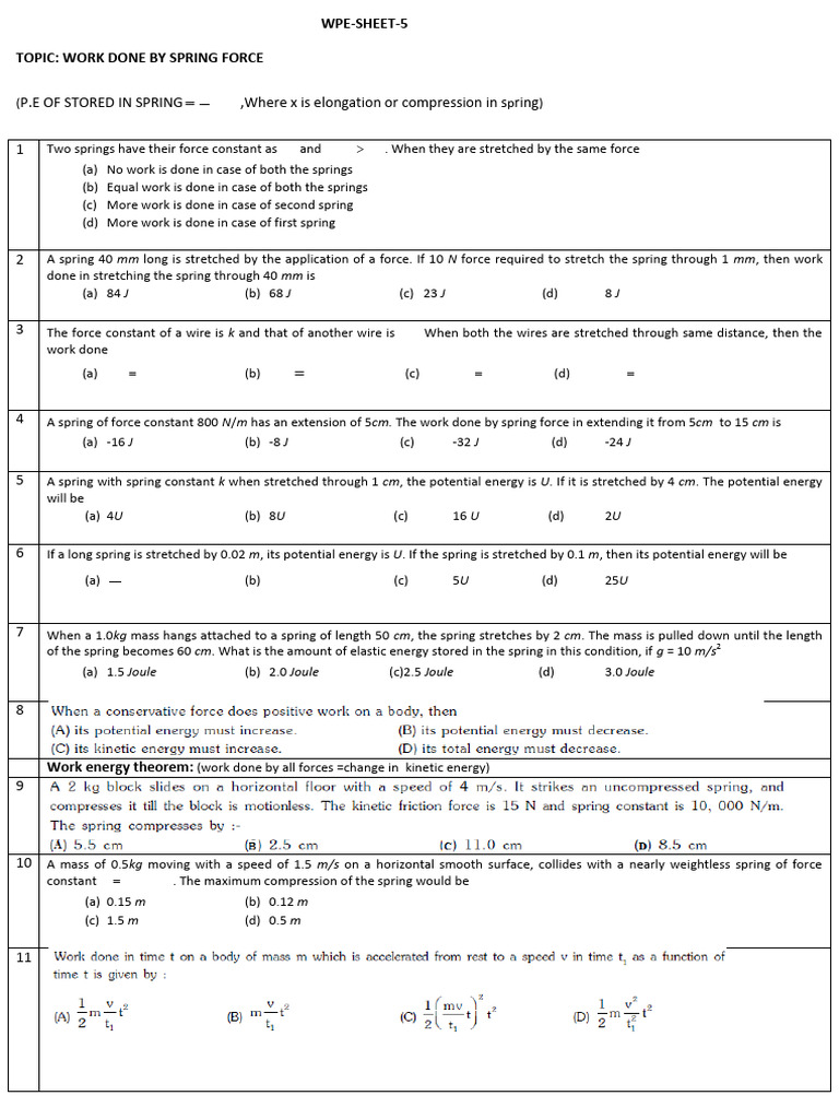 Spring Force Work and Energy Calculations | PDF | Force | Potential Energy
