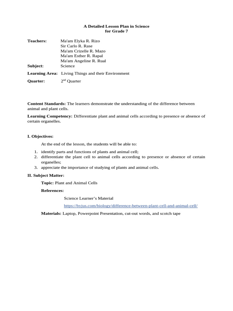 Grade 7 Science Lesson Plan: Cells | PDF | Endoplasmic Reticulum | Cell ...