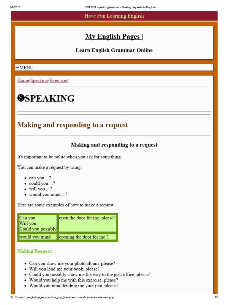 English Requests: Speaking Lessons | PDF | English Language | English ...