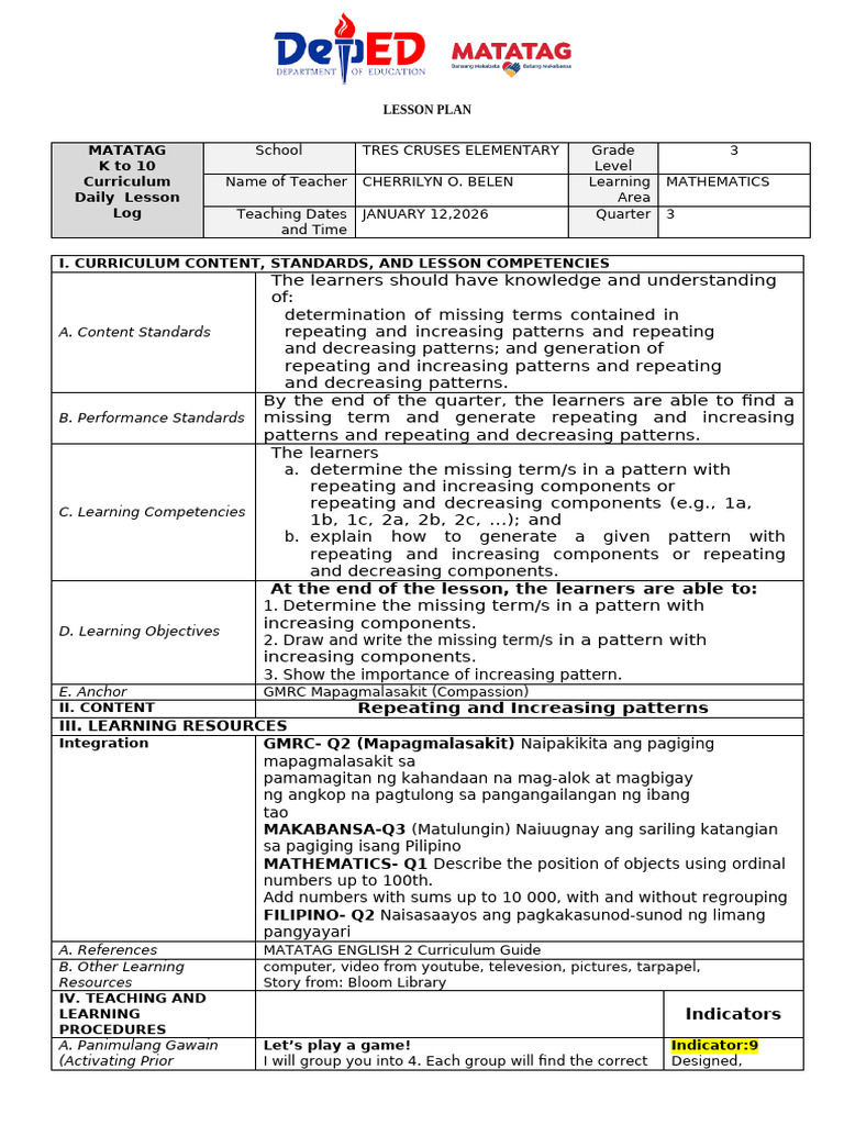 Grade 3 Math Lesson Plan: Patterns | PDF | Educational Assessment ...