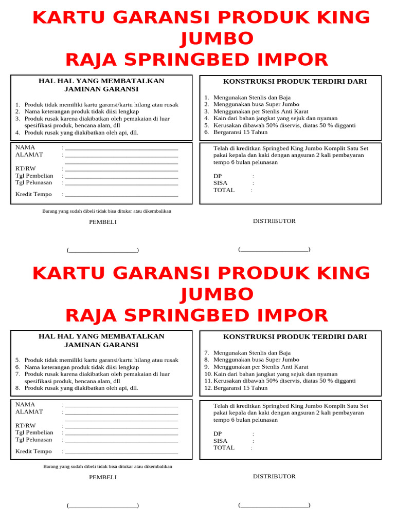 Kartu Garansi Springbed King Jumbo | PDF