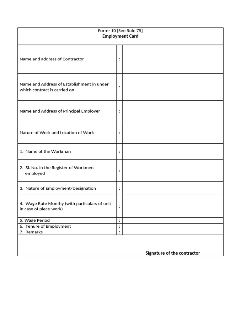 Employment Card Form 10 Template | PDF