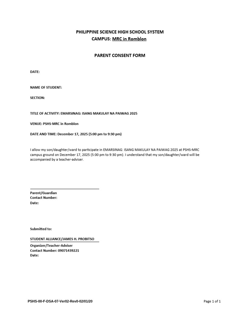 Parent Consent for EMARSINAG 2025 Event | PDF