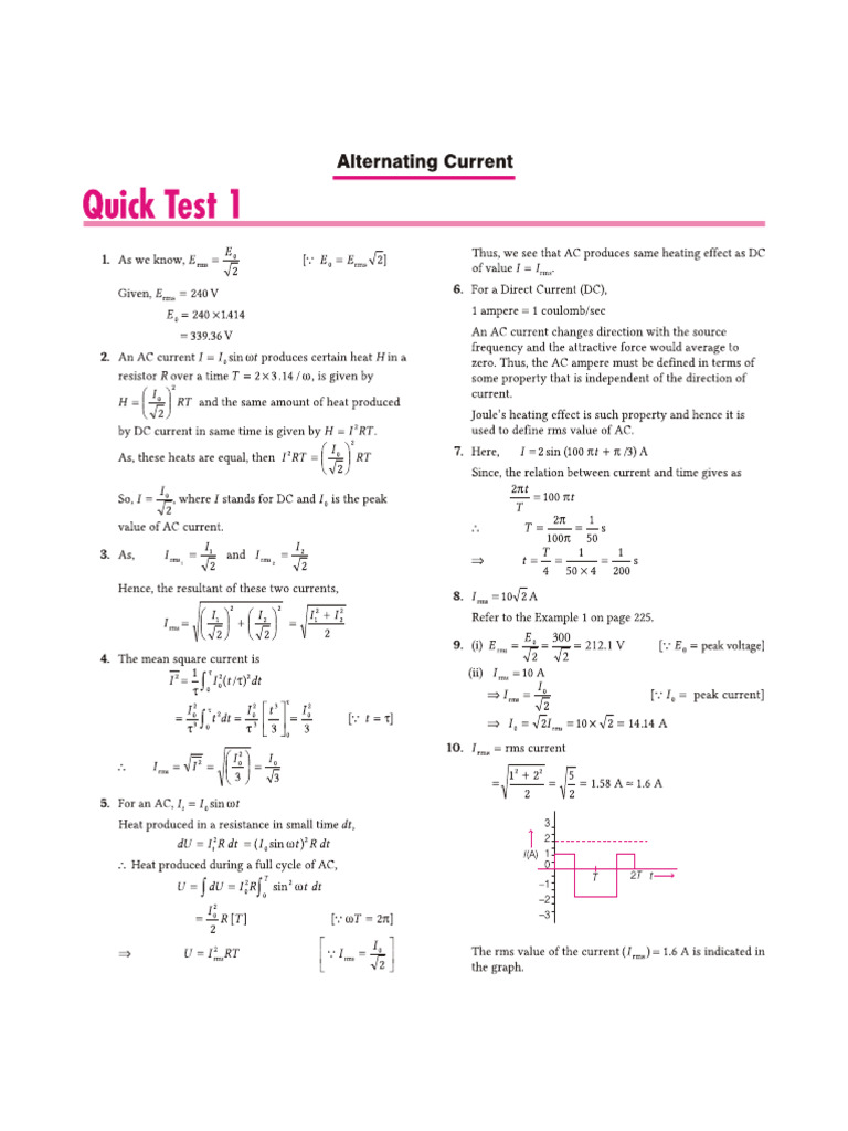 All in One Physics 12th CH 7 Quick Test 1 | PDF