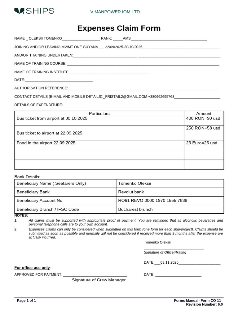 Manpower IOM Expenses Claim Form | PDF