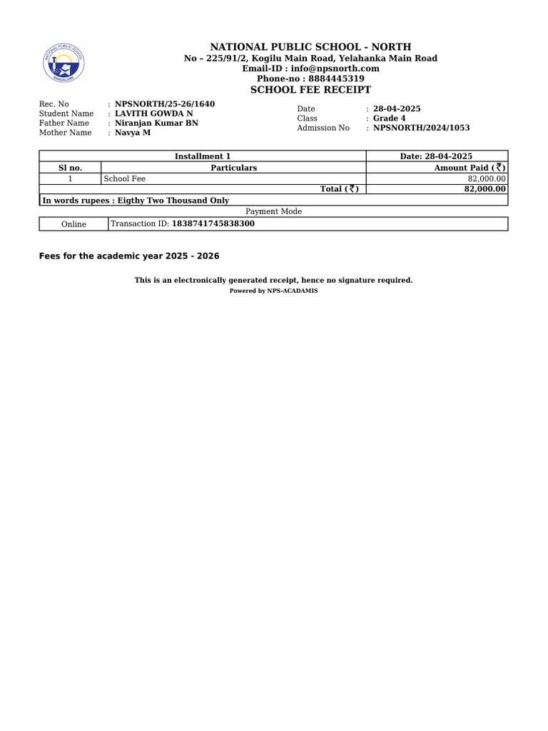 NPS North School Fee Receipt 2025-26 | PDF
