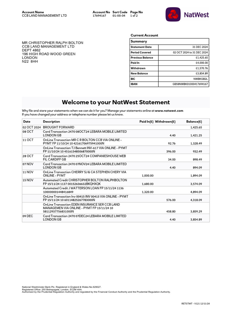 CCB Land Management Account Statement | PDF | Banks | Online Banking