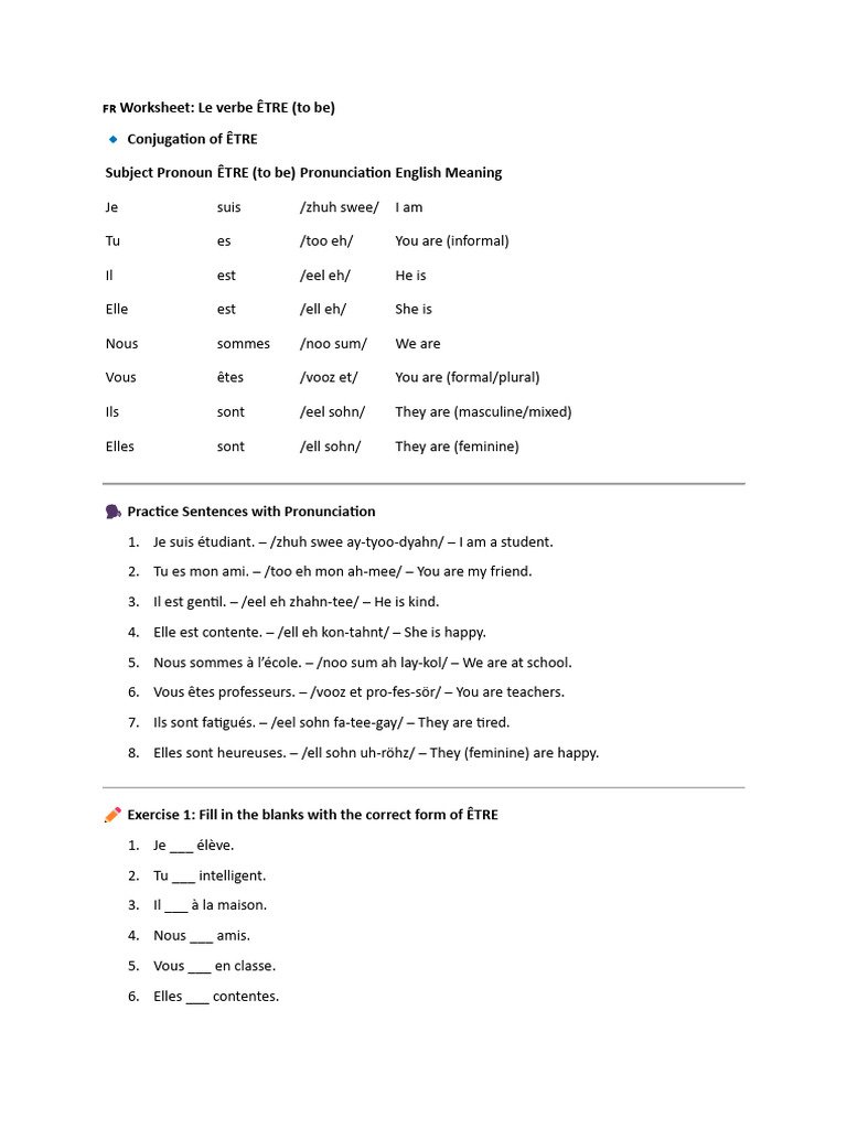 Conjugaison du verbe ÊTRE en français | PDF