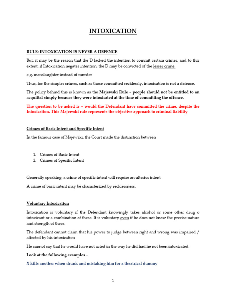 Intoxication - Lecture 7 Note | PDF | Mens Rea | Intention (Criminal Law)