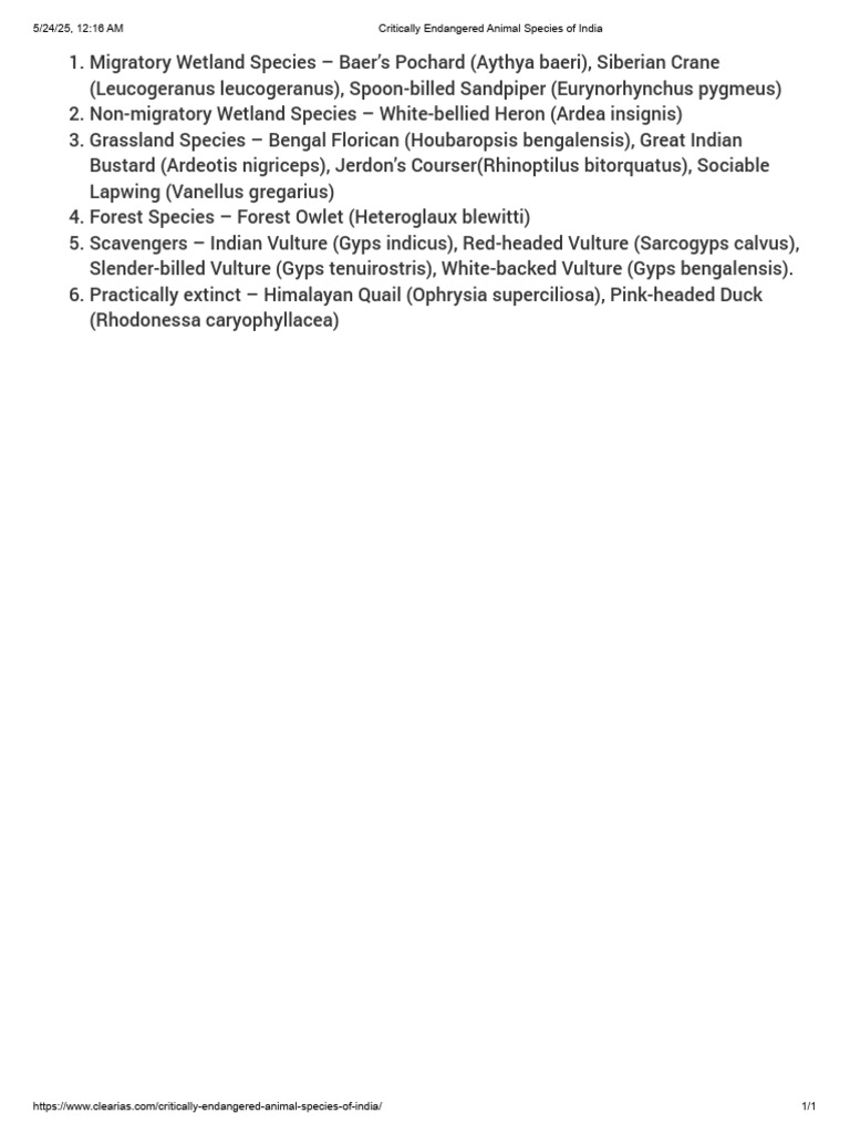 Critically Endangered Species in India | PDF