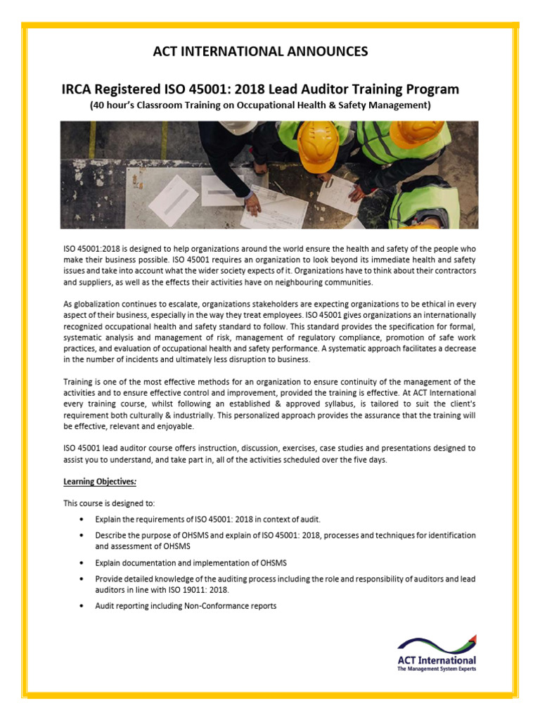 ISO 45001 Lead Auditor Training Course | PDF | Occupational Safety And ...