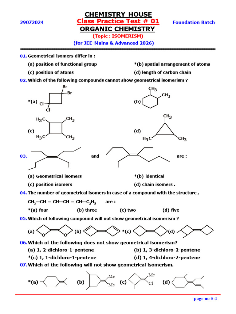 Organic Chemistry Isomerism Practice Test | PDF | Isomer | Chemistry