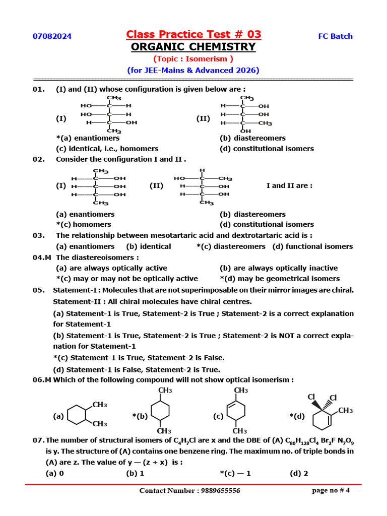Isomerism Practice Test for JEE 2026 | PDF | Isomer | Chirality (Chemistry)