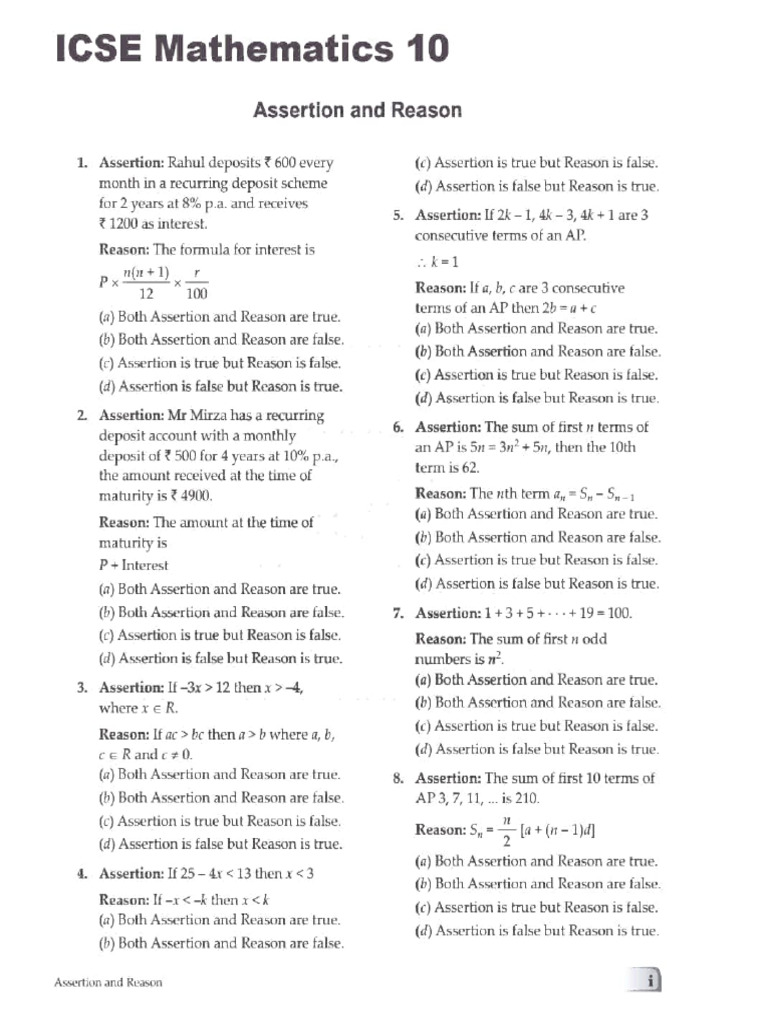 ICSE Class 10 Mathematics Assertions & Reasons | PDF | Chess | Chess Theory