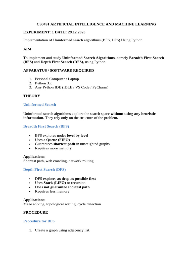 BFS and DFS Implementation in Python | PDF | Algorithms And Data ...