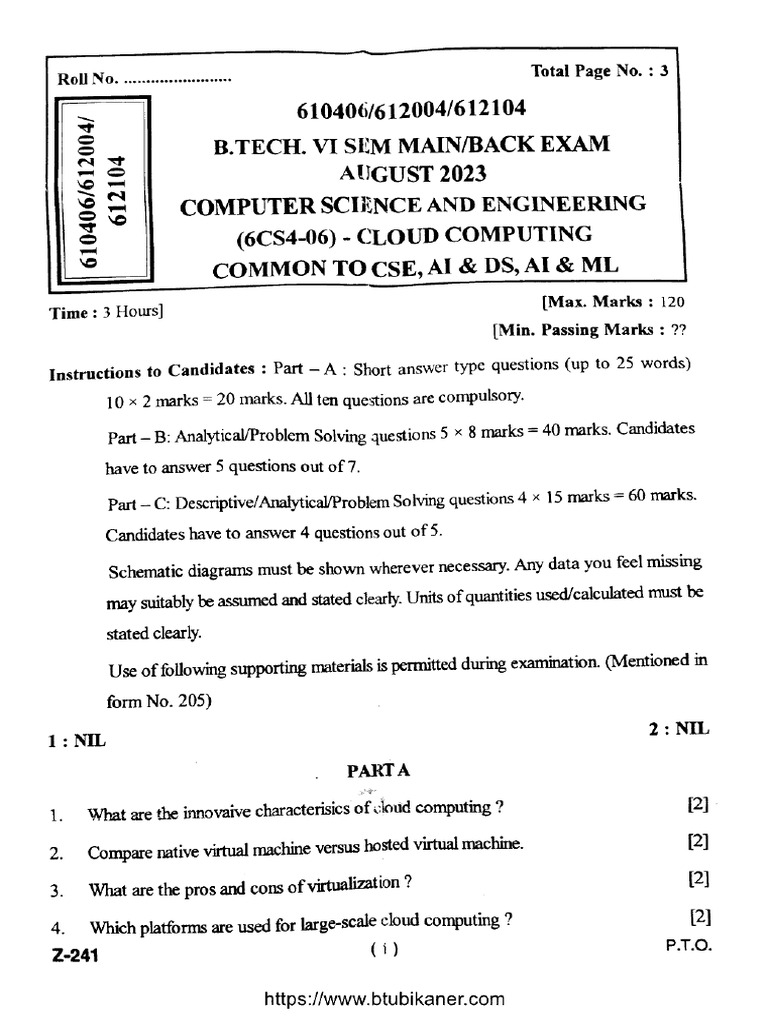 Btech Cs Ai Ds 6 Sem Cloud Computing 610406 Aug 2023 | PDF
