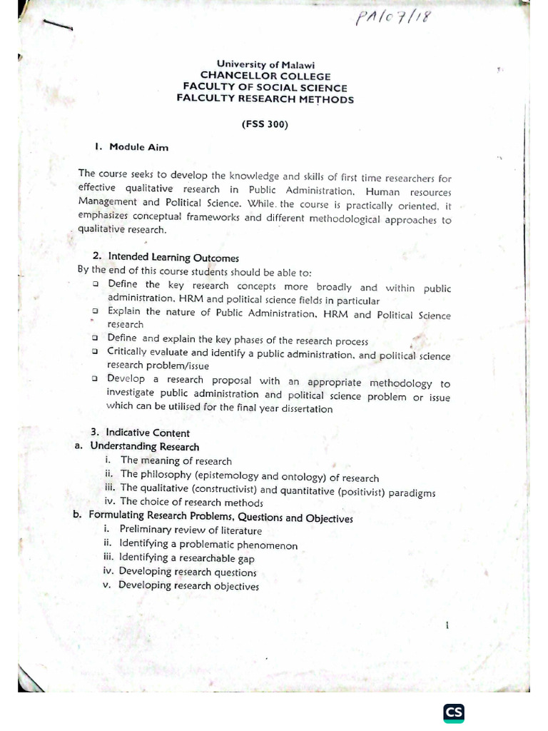 Faculty Research Methods Course Outline | PDF