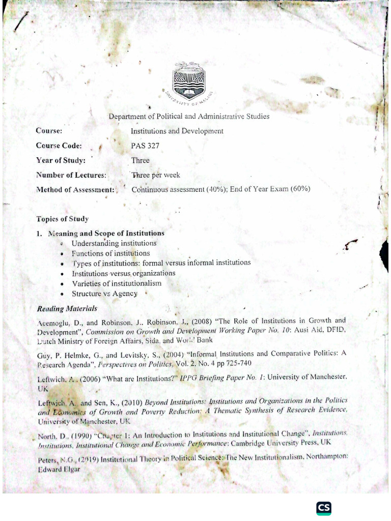 Institutions and Development Course Outline | PDF