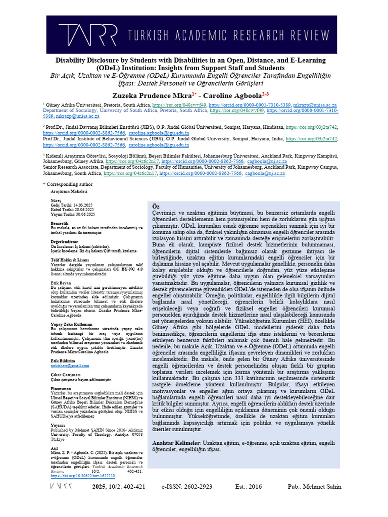 Disability Disclosure by Students With Disabilities in An Open Distance ...