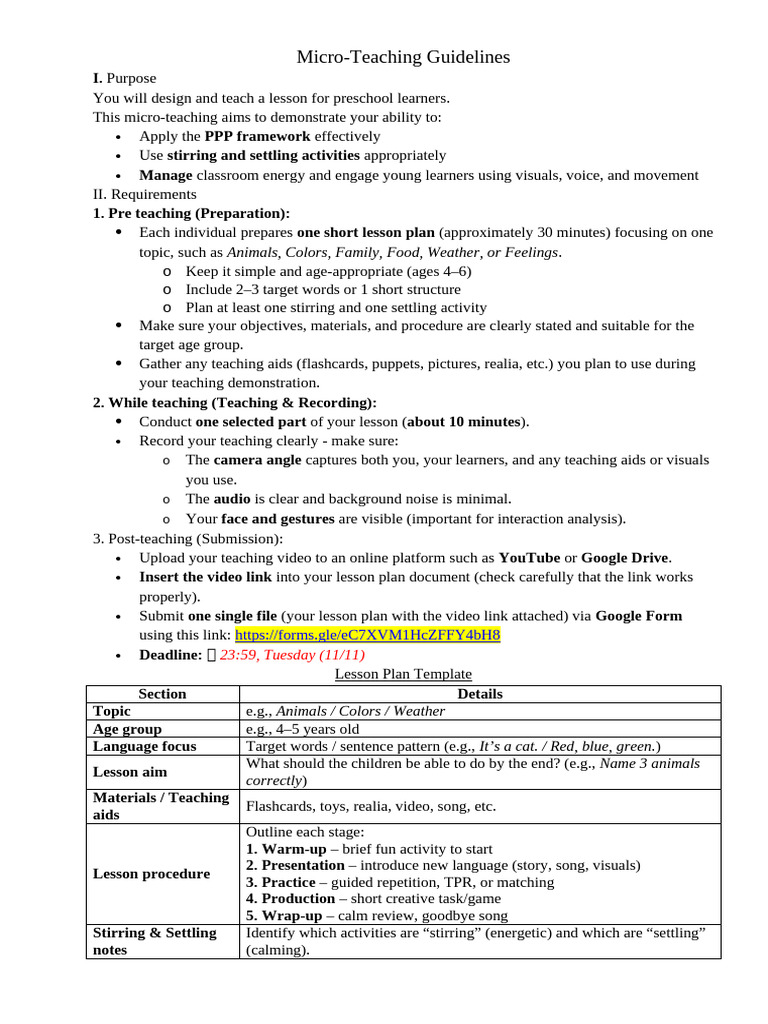 Preschool Micro-Teaching Guidelines | PDF | Lesson Plan | Learning