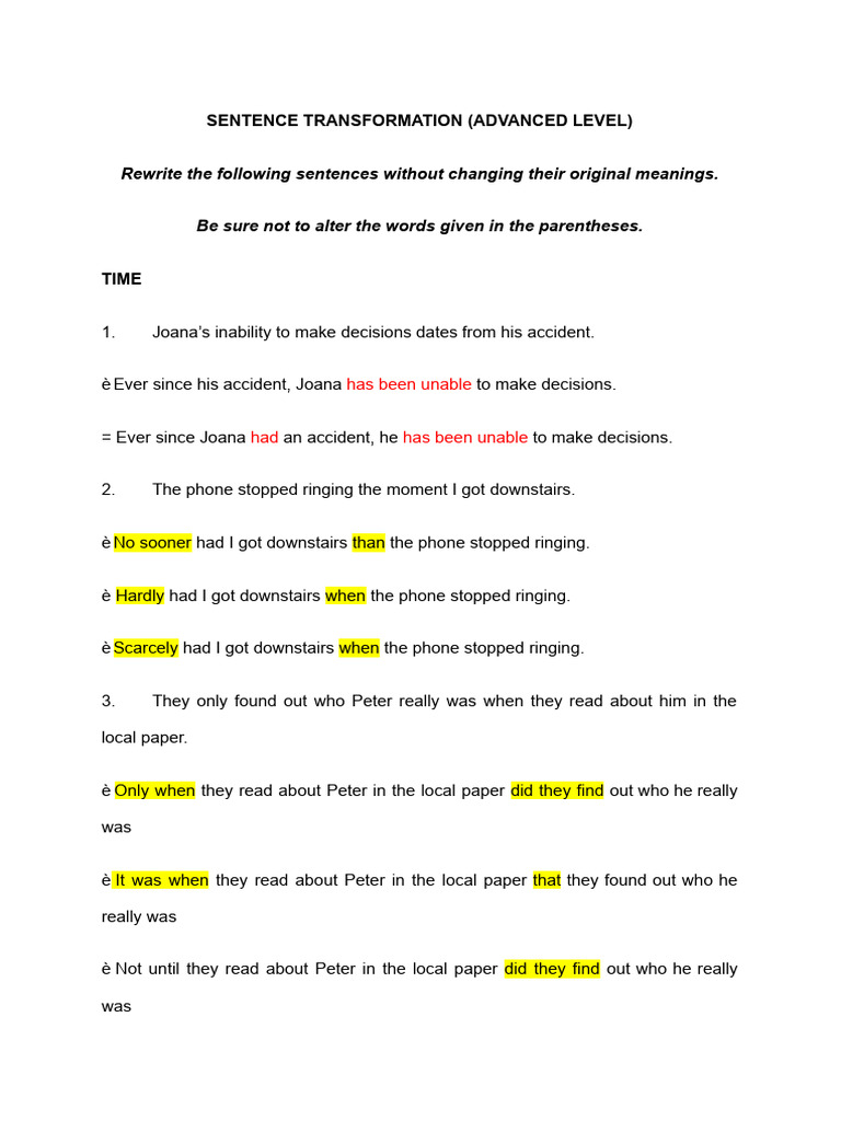 Advanced Sentence Transformation Exercises | PDF | Chess Openings ...