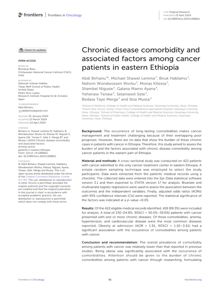 Comorbidity Burden in Cancer Patients Ethiopia | PDF | Comorbidity ...