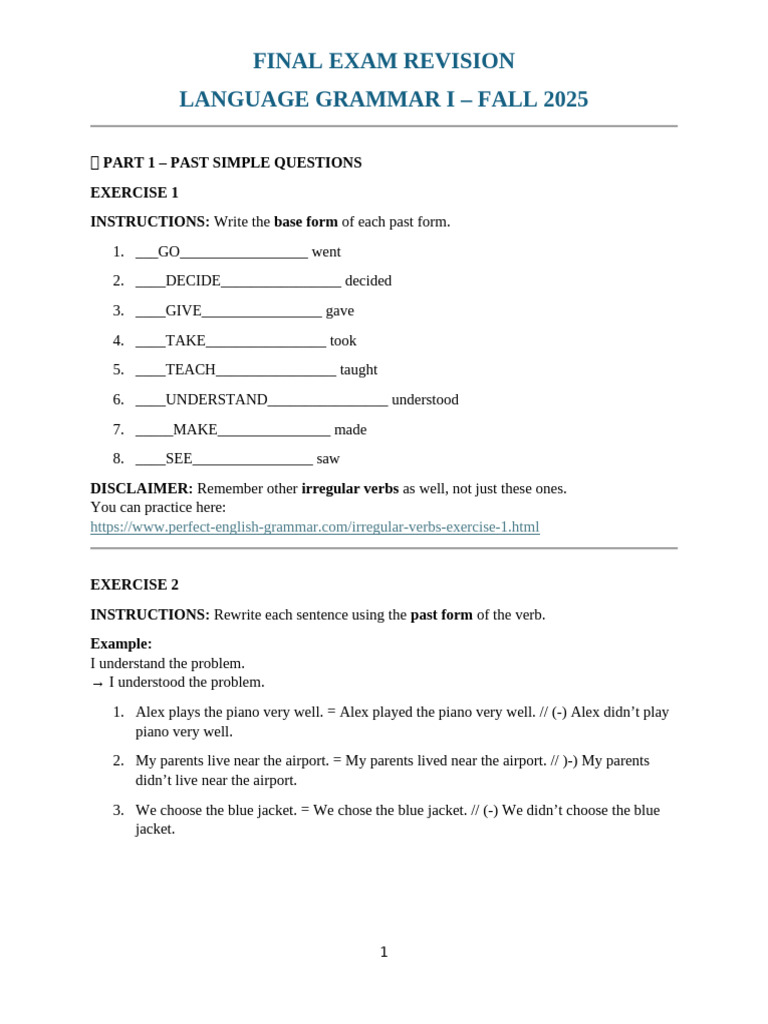 Final Exam Revision Language Grammar Fall 2025 - With Answers | PDF ...