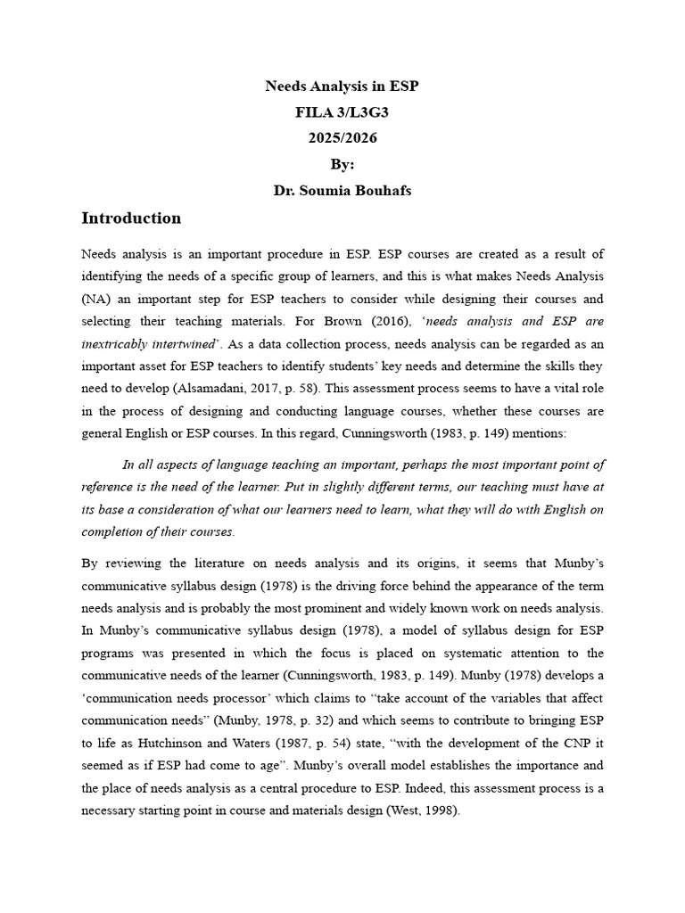 Essential Needs Analysis for ESP | PDF | Learning | Communication