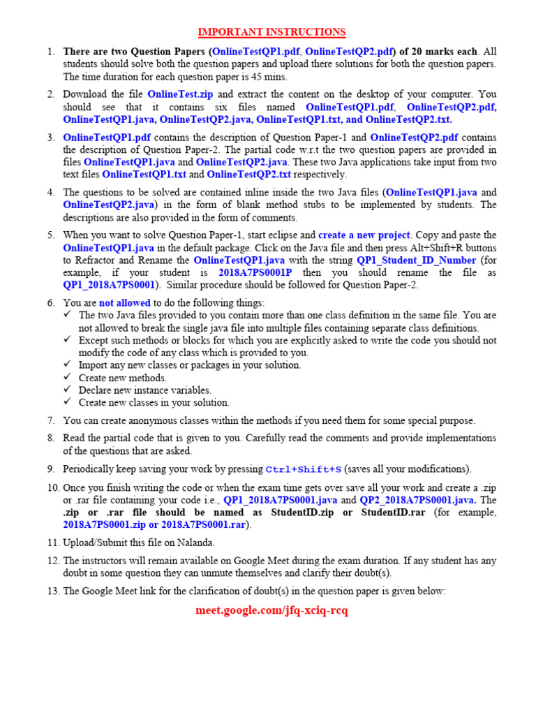 Important Instructions | PDF | Java (Programming Language) | Zip (File ...