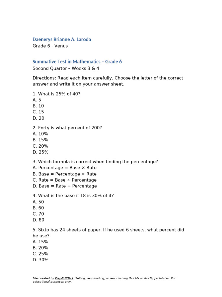 Grade 6 Math Test: Percentages | PDF | Percentage | Chess Theory