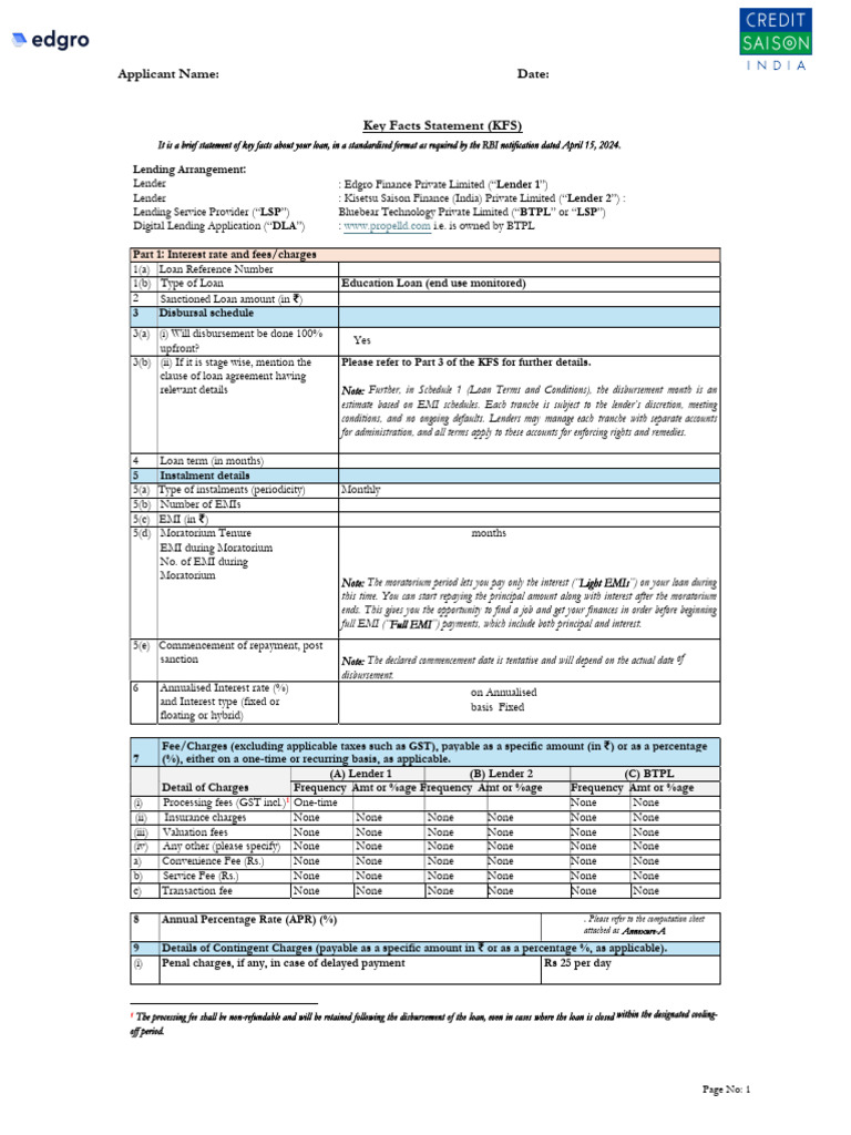 Key Facts Statement for Education Loan | PDF | Loans | Interest