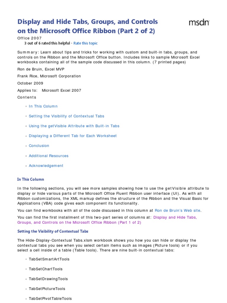 Display and Hide Tabs, Groups, and Controls On The Microsoft Office Ribbon  (Part 2 of 2) | PDF | Microsoft Excel | Application Software
