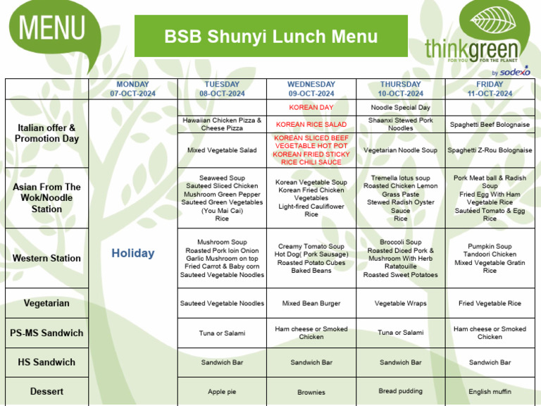 BSB Shunyi Lunch Menu Oct 2024 (Dragged) | PDF | Soup | Sandwich