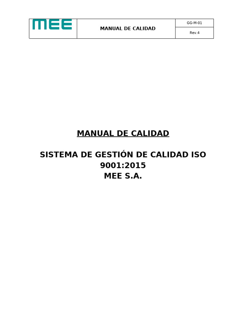 Manual de Calidad ISO 9001:2015 MEE S.A. | PDF | Sistema de manejo de ...