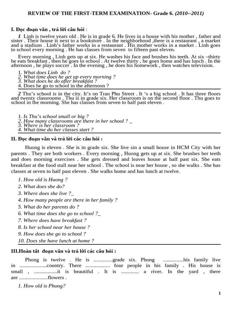 Grade 6 First-Term Exam Review | PDF