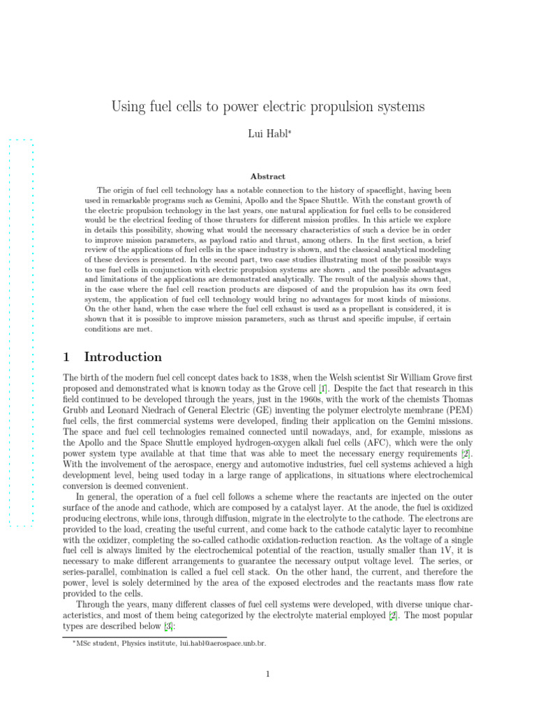 Fuel Cells in Electric Propulsion Systems | PDF | Spacecraft Propulsion ...