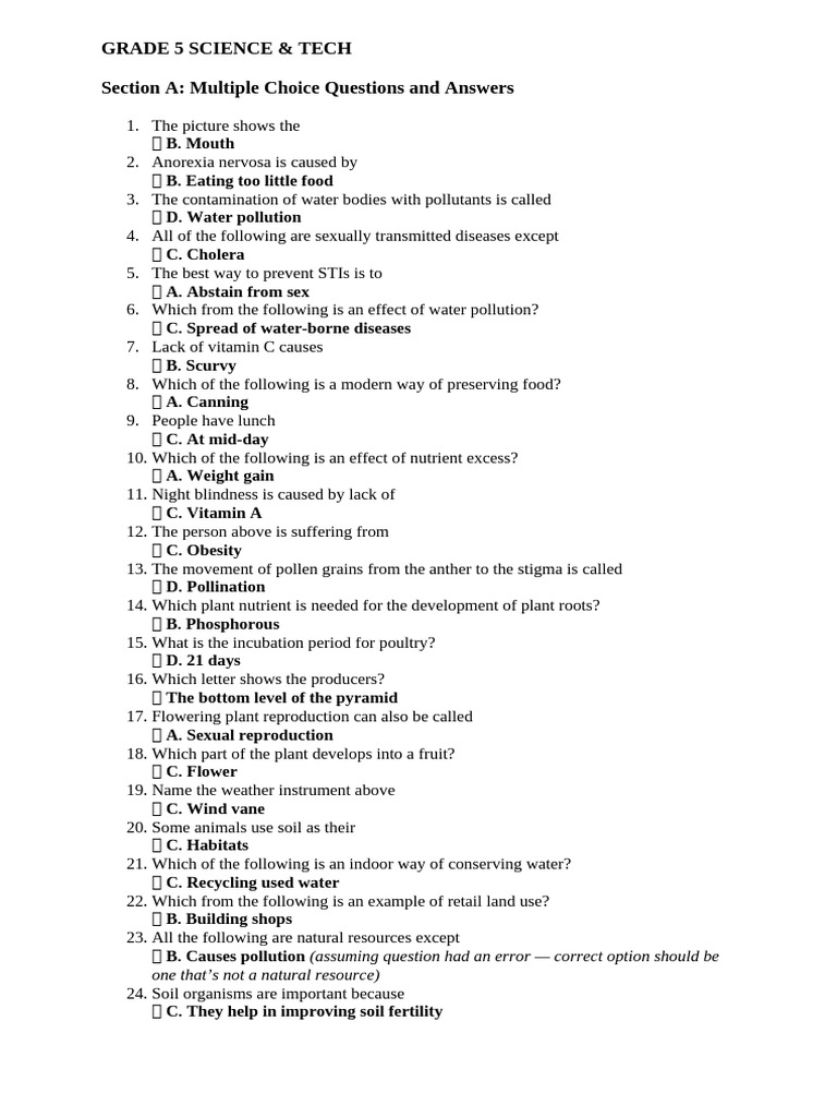 Grade 5 Science Paper1 Answers | PDF | Plants | Foods