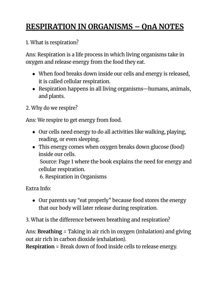 RESPIRATION IN ORGANISMS – QnA NOTES | PDF | Breathing | Cellular ...