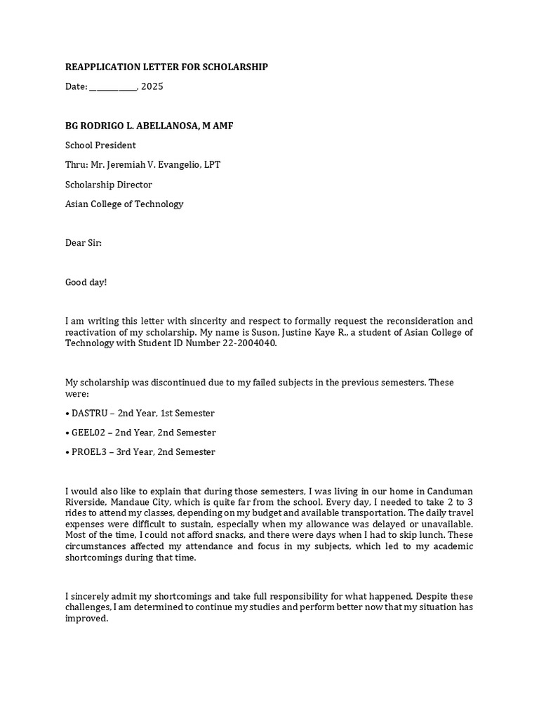 Scholarship Reapplication Request Letter | PDF