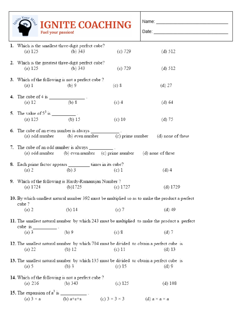 Practice Worksheet 1 - Cubes and Cube Roots | PDF