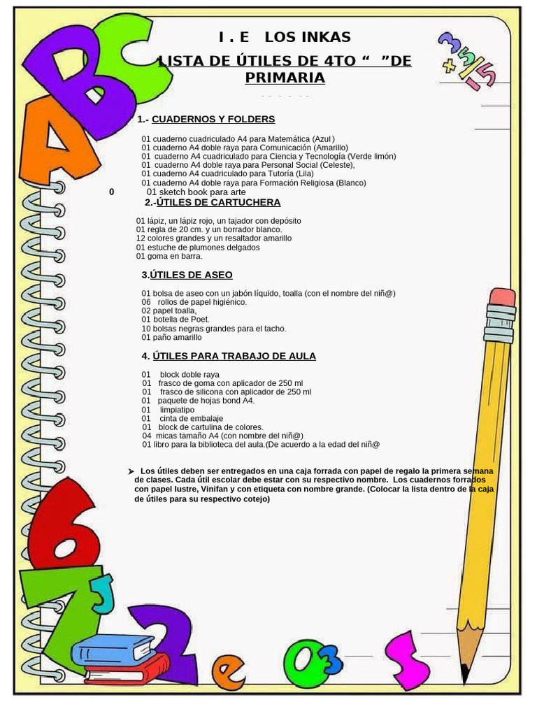 Útiles escolares 4to primaria 2026 | PDF