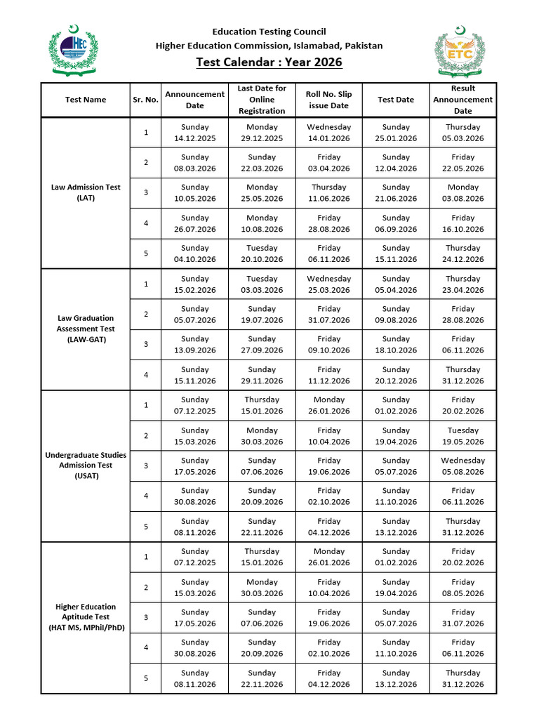 2026 Test Calendar for Admissions | PDF