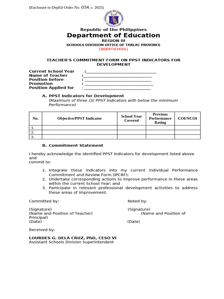 Teacher Commitment Form for PPST Indicators | PDF
