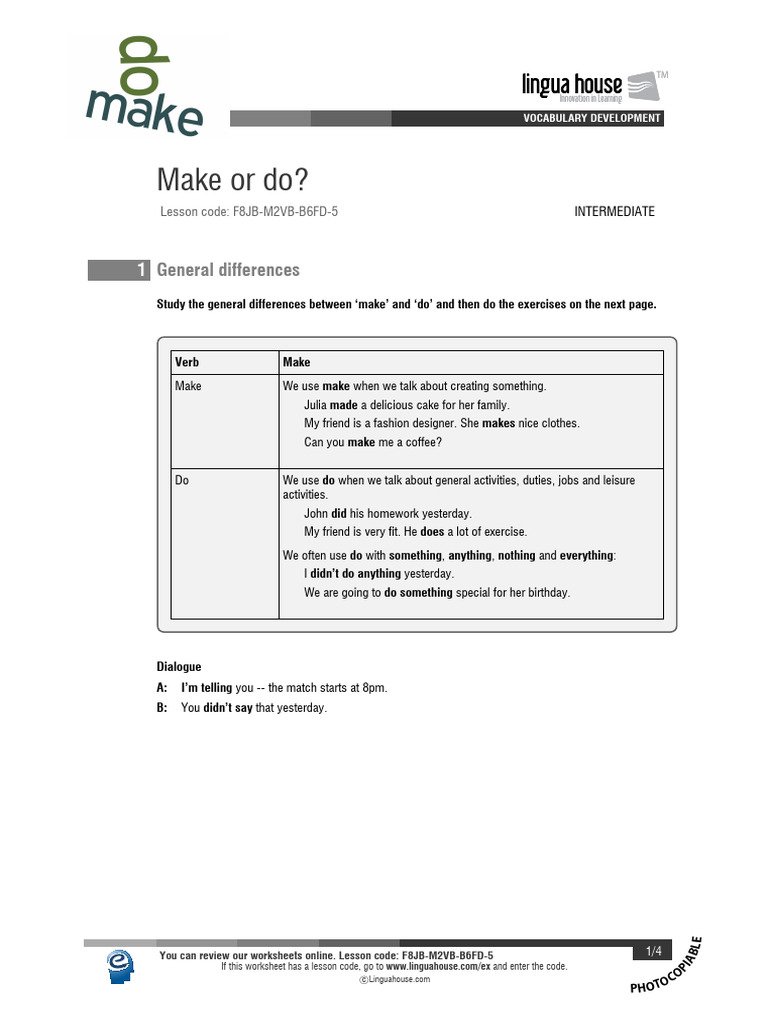 Make vs. Do: Vocabulary Worksheet | PDF