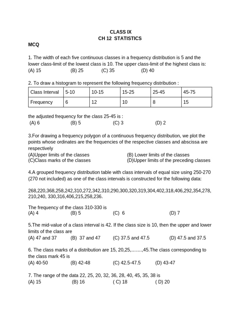Class IX Statistics MCQs and Exercises | PDF | Histogram | Interval (Music)