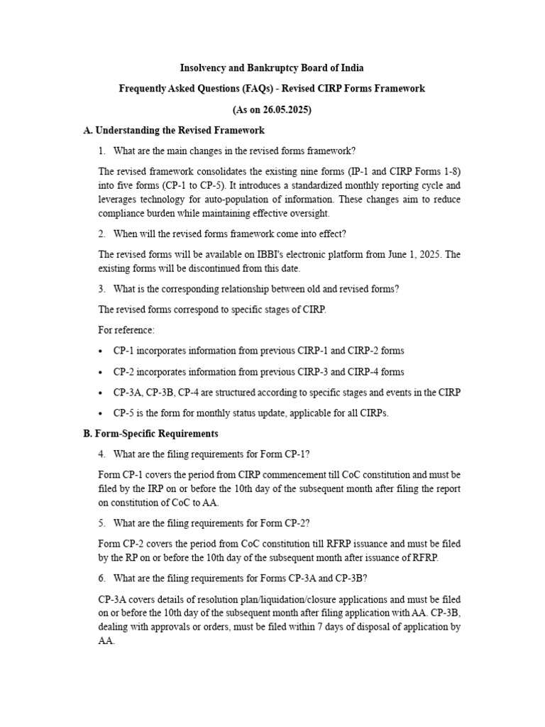Revised CIRP Forms FAQs - IBBI 2025 | PDF