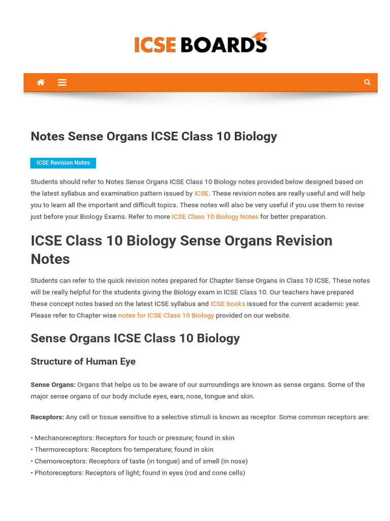 Www Icseboards Com Notes Sense Organs Icse Class 10 Biology | PDF | Ear ...