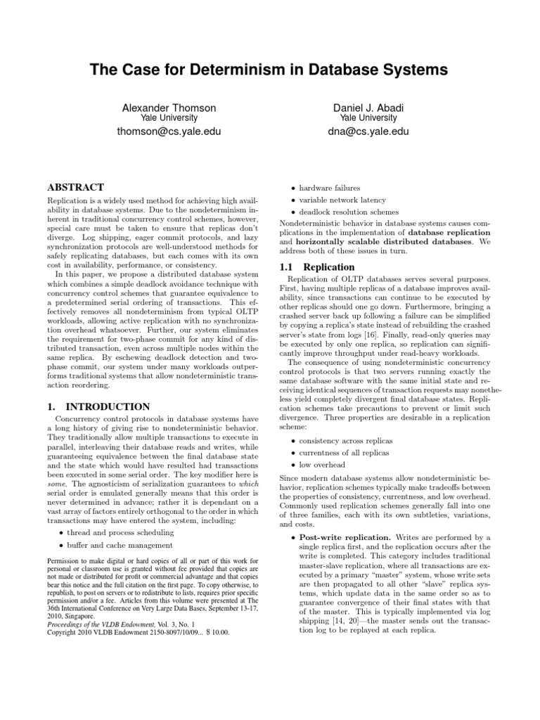 The Case For Determinism in Database Systems: Alexander Thomson Thomson ...