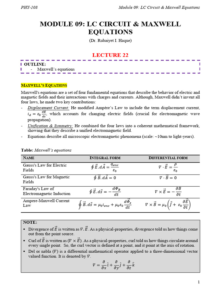 LECTURE 22 - Module 09 - LC Circuit and Maxwell Equations | PDF ...